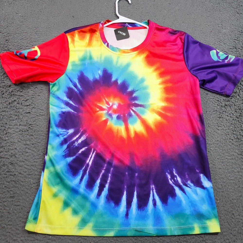 OCG Mens Tie Dye Peace Love Rainbow Cycling Performance T-Shirt Medium New